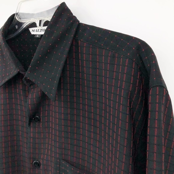 Maltos Men's Button Front Shirt Size L Swiss Dot Jacquard Check Black & Red S134 - Picture 4 of 11